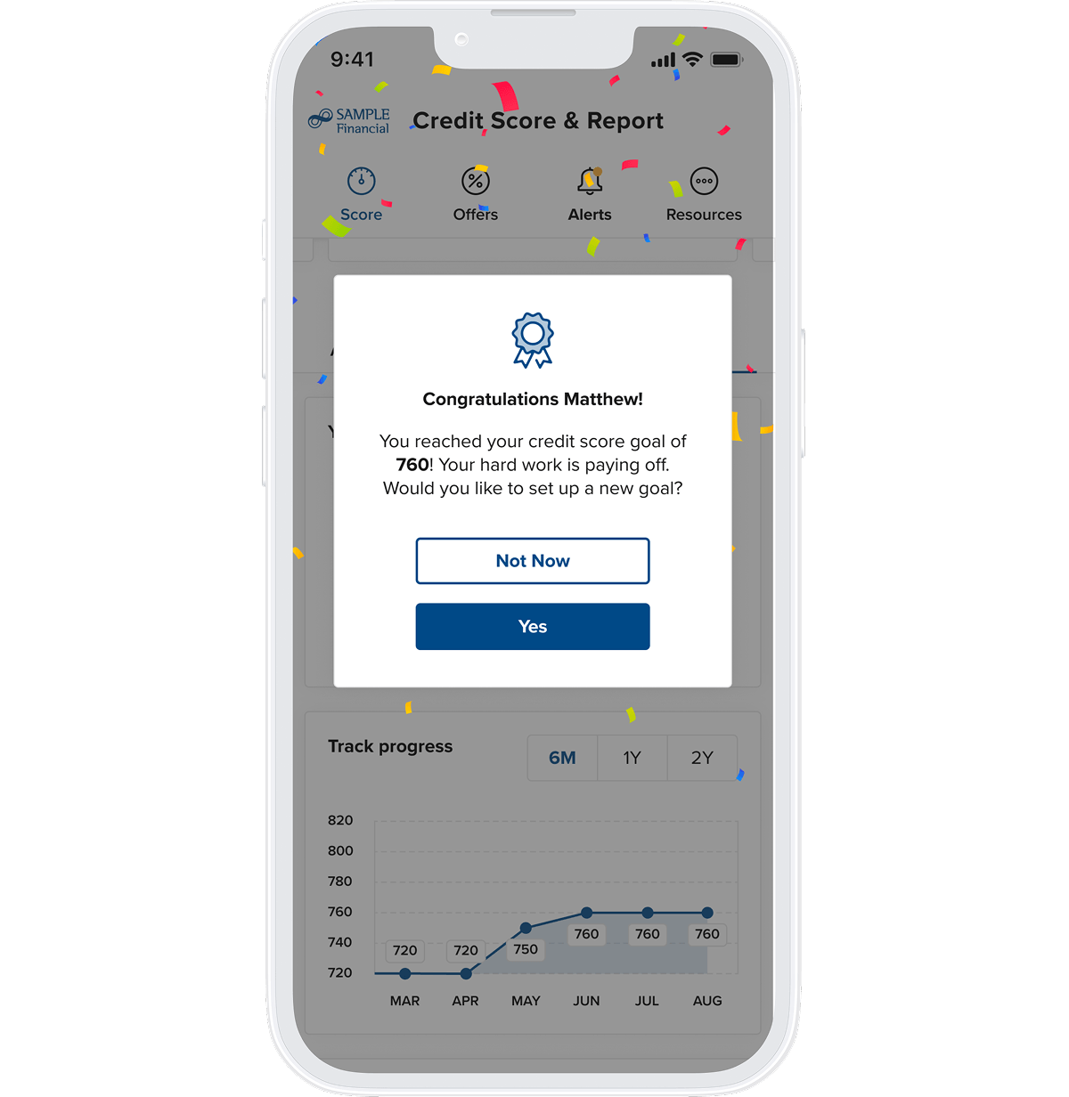 Credit Score Goal Achieved with Confetti Congrats Screen