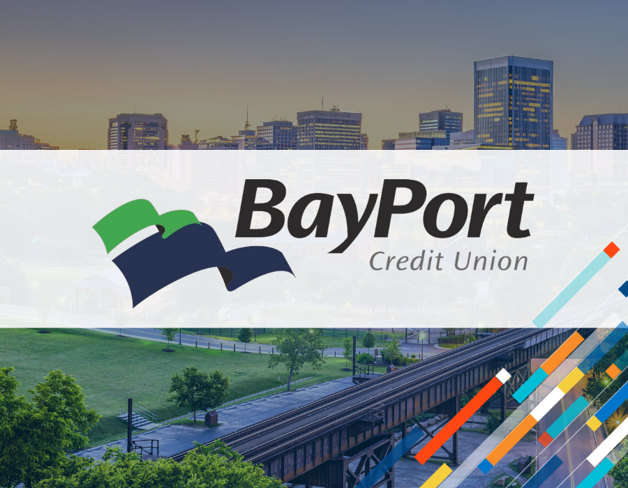 BayPort Credit Union logo alongside a financial wellness dashboard showing member engagement metrics